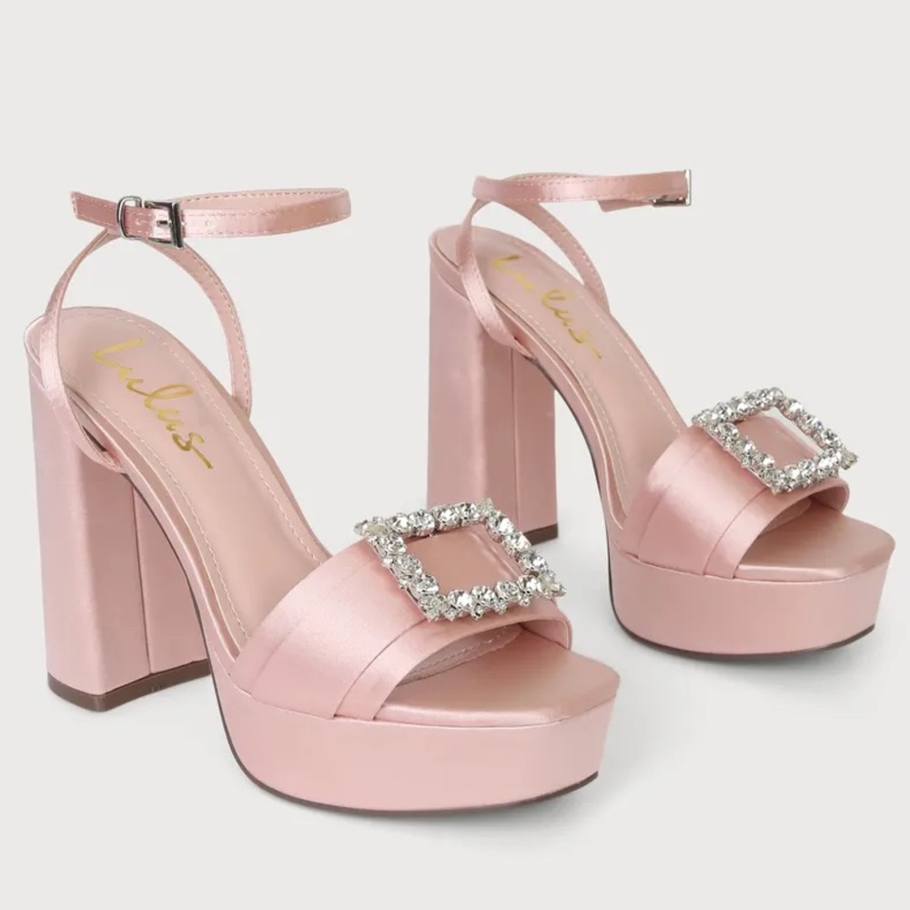 NWT Pink Satin Platform Heel Sandal with Rhinestones